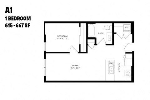 Floor plan for 1 bed, 1 bath, 631 sqft